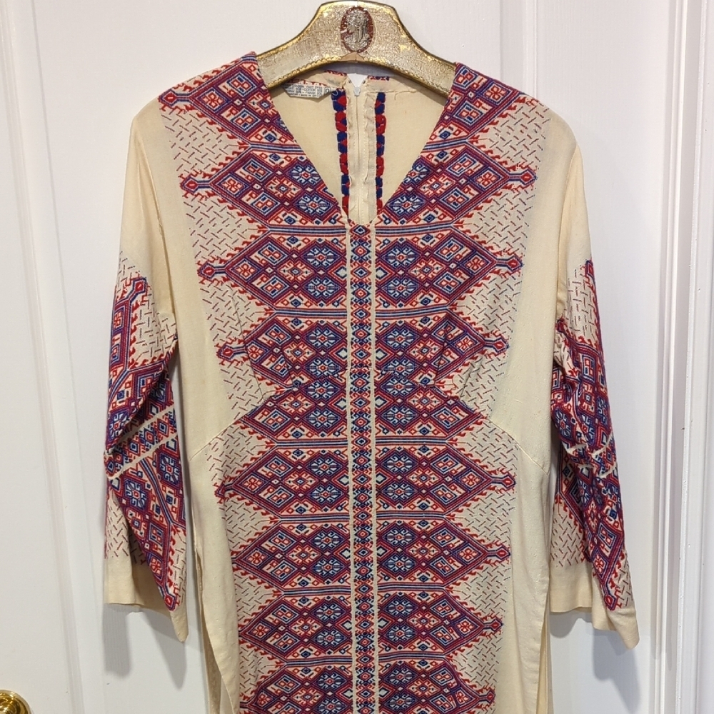 Greek Handmade Patterned Dress with Red and Blue Accents